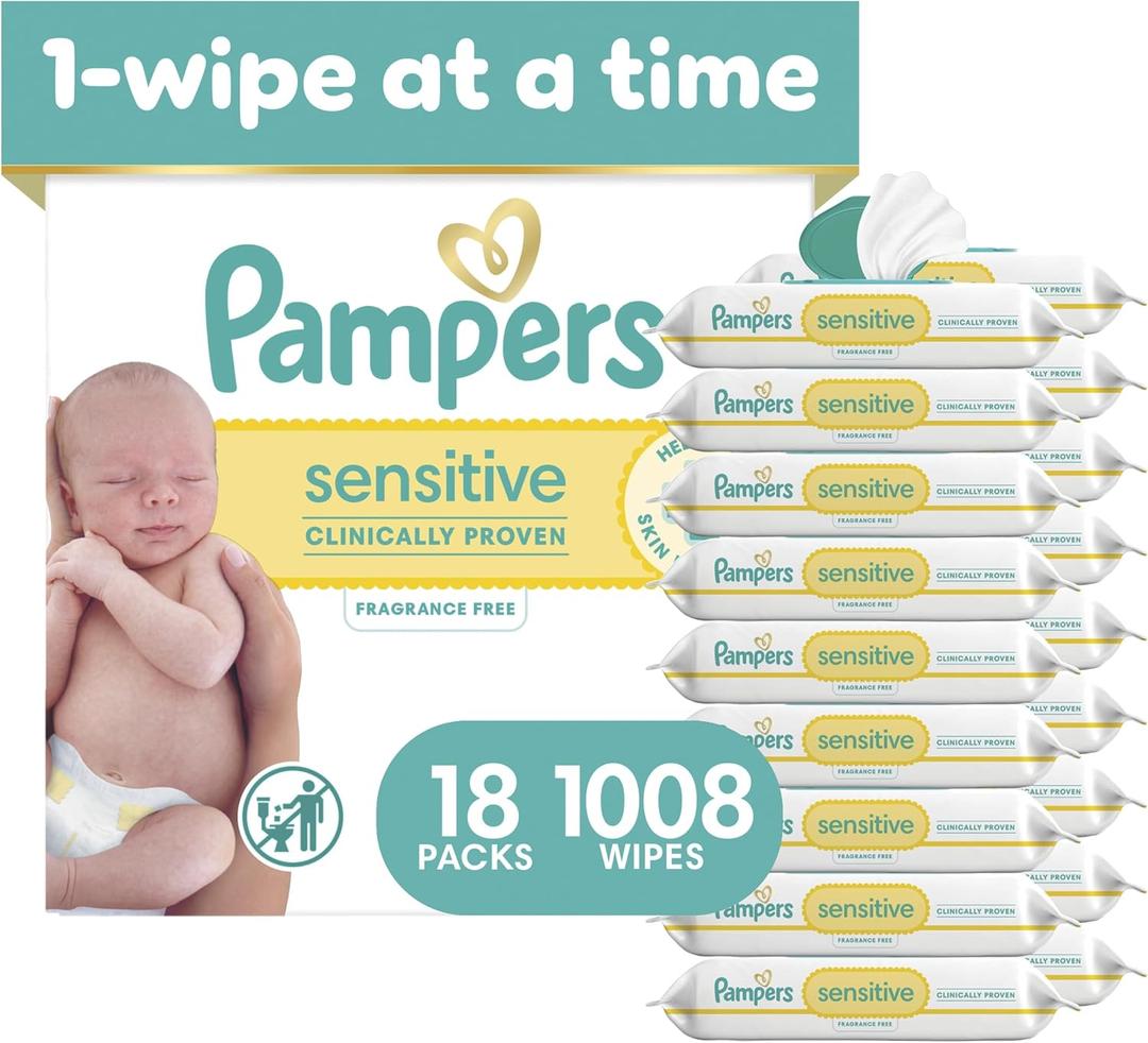 Pampers Sensitive Baby Wipes, Unscented, Fragrance Free, Clinically Proven, Water Based, Hypoallergenic, Multi-Use, Hand Wipes, 1008 Wipes Total (8X Flip-Top Packs)