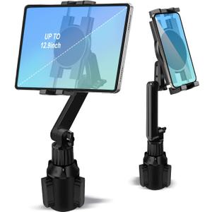 Cup Holder Car Tablet Mount for Truck, 360 Adjustable 15" Long 2-Arm Stand Holder for iPad Pro 12.9/11/10.5/9.7/Air/Mini 6/5/4, Galaxy Tab/Z Fold 6/5/4, iPhone 17/16/Pro, 4.7-12.9" Tab &Phone
