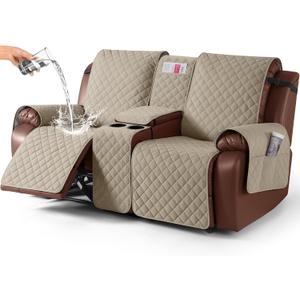 KinCam 100% Waterproof Recliner Loveseat Cover with Console, Non-Slip Reclining Couch Covers for 2 Seat, Recliner Sofa Cover Furniture Protector with Elastic Straps for Kids, Pets, Khaki