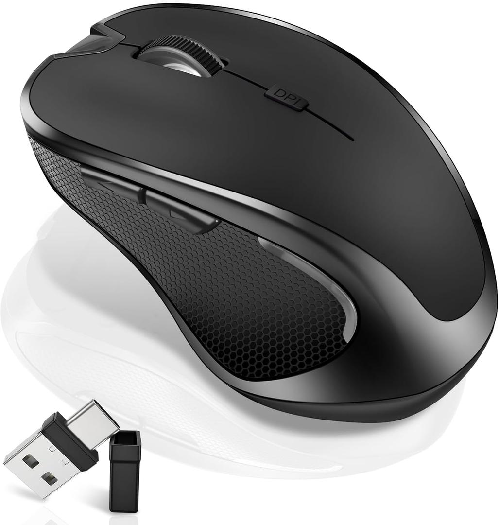 Mouse for MacBook Wireless Bluetooth Mouse Laptop MacBook Air Mac Pro Rechargeable Silent PC iPad Optical Mouse with Jiggler Dual Mode Switch Bluetooth 5.2/3.0 and 2.4GHz USB Type-C Receiver Black