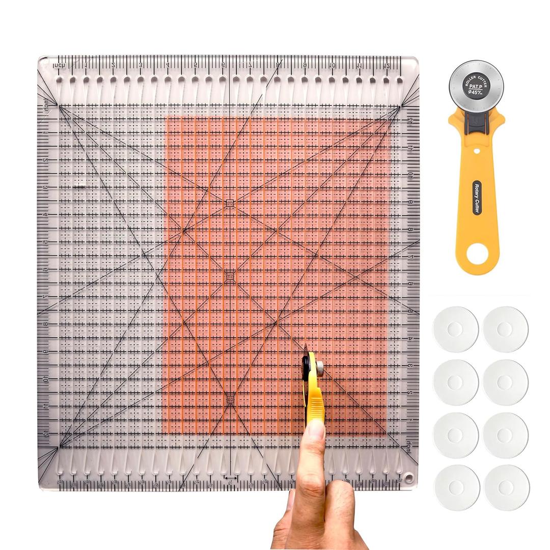 Square Slotted Quilting Ruler with Rotary Cutter -12.5"*12.5" Clear Acrylic Ruler for Precise Fabric Cutting | Quilting Rulers & Sewing Rulers | Includes Non-Slip Pads