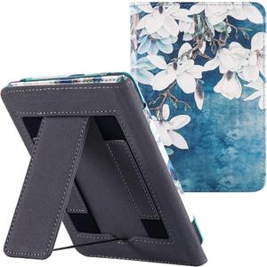 BOZHUORUI Stand Case for 6.8" Kindle Paperwhite (11th Generation - 2021) and Kindle Paperwhite Signature Edition - PU Leather Sleeve Cover with Two Hand Straps and Auto Sleep/Wake, Magnolia