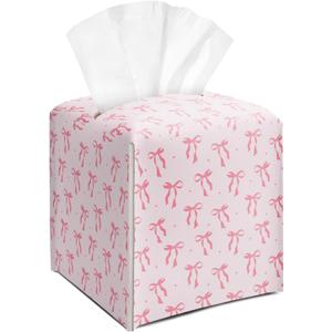 Pink Bow Tissue Box Cover Square, Leather Tissue Holder with Bottom Belt, for Nightstands Desks Office Bathroom Car Vanity Home Decor Supplies -015