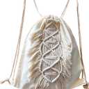 kiido Drawstring Backpack, Bohemian Style String Bag with Tassel and Macrame Fringe Canvas Beach Sport Daypack Sackpack