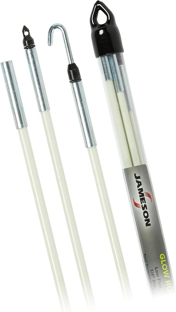 Jameson Glow Fish Rod Kit, 1/4 in x 12 ft Non-Conductive Fiberglass Glow Rod for Running Wires through Ceilings, Walls, Floors, Attics Includes Bullet Nose with Eyelet, Hook, and Storage Tube