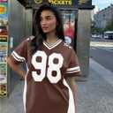 Jersey Shirts for Women Oversized V Neck Tshirt Number Graphic Shirt Casual Y2k Streetwear Tee Tops (Brown, S)