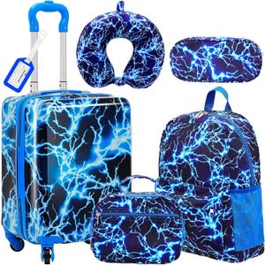 Redbaker 17 Inch 6 Pcs Kids Luggage Set Kids Rolling Luggage Double Pattern Suitcase for Boys Girls (Blue, Lightning Style)