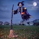 JOYIN Halloween Flying Witch Decor, Sound Activated Life-Size Halloween Decorations Outdoor Flying Witch with Broom, Glowing LED Eyes, Scary Haunted House Props for Garden Yard Lawn