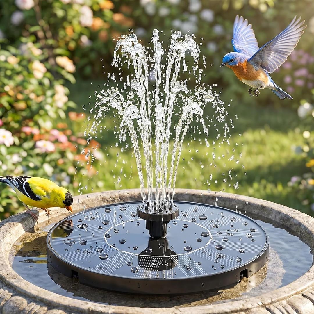 Solar Bird Bath Fountain Pump, 6.3 Inch Upgraded Floating Solar Powered Water Pump with 7 Nozzles, for Garden, Pond, Pool, Outdoor, Black