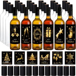 Maxcheck 78 Pcs 25 oz Christmas Plastic Wine Bottles Set with Shrink Capsules and Xmas Label Stickers Airtight 750ml Empty Liquor Bottles with Lid for Xmas Party Supplies Decoration(Clear,Black Gold)