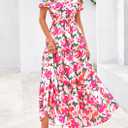 PRETTYGARDEN Women's 2026 Summer Boho Maxi Dresses Floral Short Sleeve V Neck A Line Tiered Flowy Long Beach Vacation Dress (Pink, XXL)