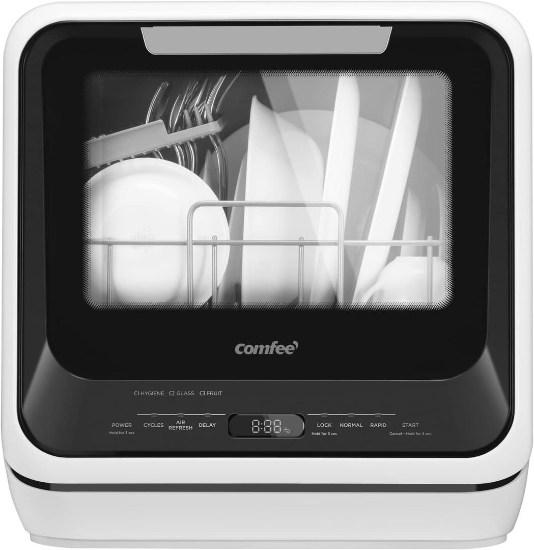 COMFEE' Portable Mini Dishwasher Countertop with 5L Built-in Water Tank for Apartments& RVs, No Hookup Needed, 6 Programs, 360 Dual Spray, 162 High-Temp& Air-Dry Function (Whole Black)