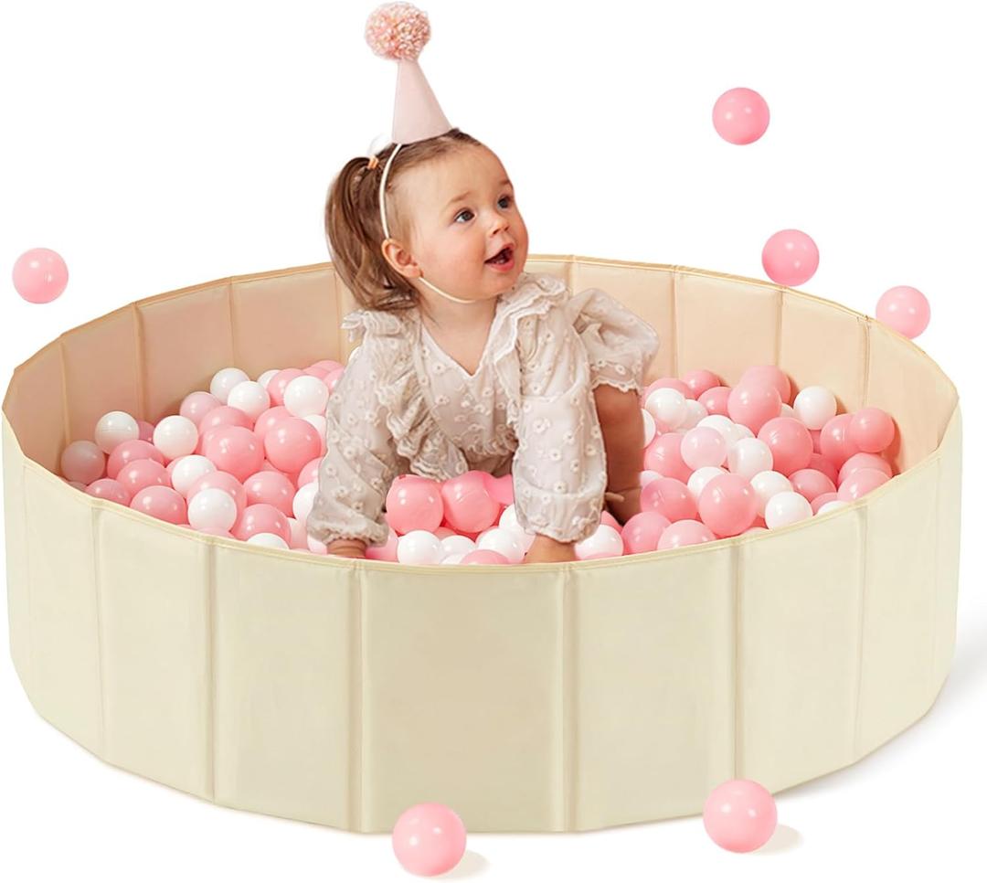 Hikiddy Baby Ball Pit Foldable, 31.5 Inch Ball Pits for Toddlers Round, Kiddie Baby Playpen Ball Pool, Idea Gift for Babies-Balls NOT Included(Light Beige)