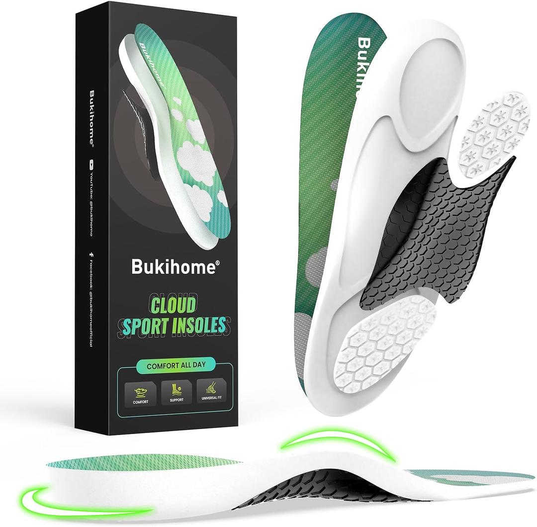 Bukihome Supercritical Foaming Athletic Insoles - Running & Basketball Shoe Inserts with Energy Return, Shock Absorption & Arch Support - Lightweight Performance Boost for Men/Women -L