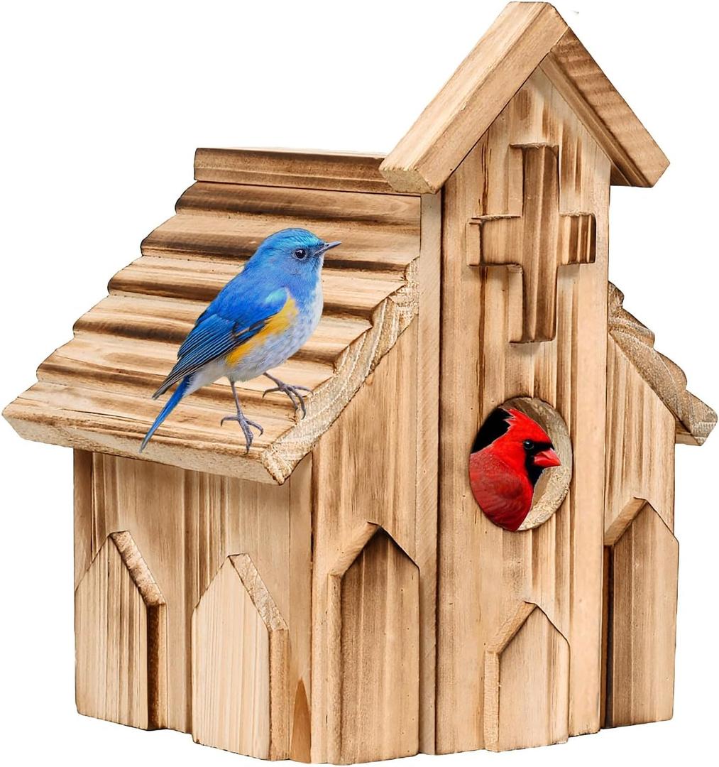 NATUREYLWL Church-Shaped Wooden Birdhouses, Cross Design Bird Houses for Outside, Hanging Birdhouse for Bluebird, Robin, Cardinal, Sparrow, and Finch, Bird Nesting Box for Outdoor Garden Decoration