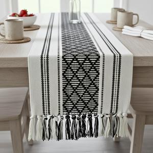 Boho Table Runner with Fringe 14 x 90 Inches, Black & Cream | Woven Washable Console Tabletop Runner / Dresser Scarf, Farmhouse Extra Long Heavy Cotton Table Topper Cover