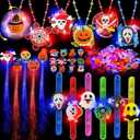80 Pcs Halloween Party Favors Bulk Halloween Glow in the Dark Toys Rotating Spin Light Up Necklaces LED Bracelets Flash Rings Brooches Hair Lights Halloween Treats Gifts Bag Fillers Party Supplies