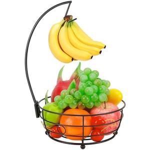Livabber Countertop Fruit Basket Bowl with Banana Hanger, Modern Standing Fruit Vegetable Bowl Storage, with Banana Tree Holder for Kitchen Dinning Table (Round Metal, Black)