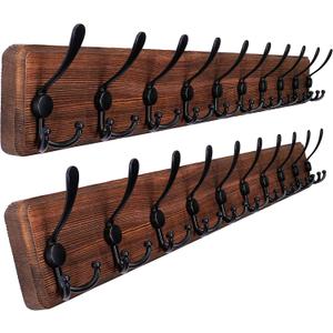 SKOLOO Rustic Large Wall Mounted Coat Rack-38.6'' Long Coat Rack for Wall, Pine Solid Wood Coat Rack Hook, Farmhouse Coat Hanger Wall Mount for Hanging Jacket Coat Hat, Pack of 2 (Brown Plate & Black Hook)