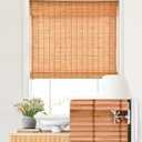 LazBlinds No Tools No Drill Cordless Bamboo Roman Shades, Light Filtering Window Treatment, Roll Up Bamboo Blinds for Windows 26'' W x 64'' H, Wood