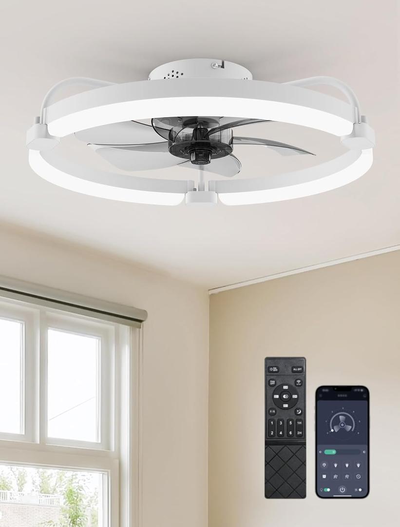 Ensenior Ceiling Fans with Lights and Remote, 20" Low Profile Ceiling Fan Flush Mount, APP Control, 6 Speed, 3CCT, Quiet Reversible DC Motor, Dimmable Modern Ceiling Fan with Light for Bedroom, White