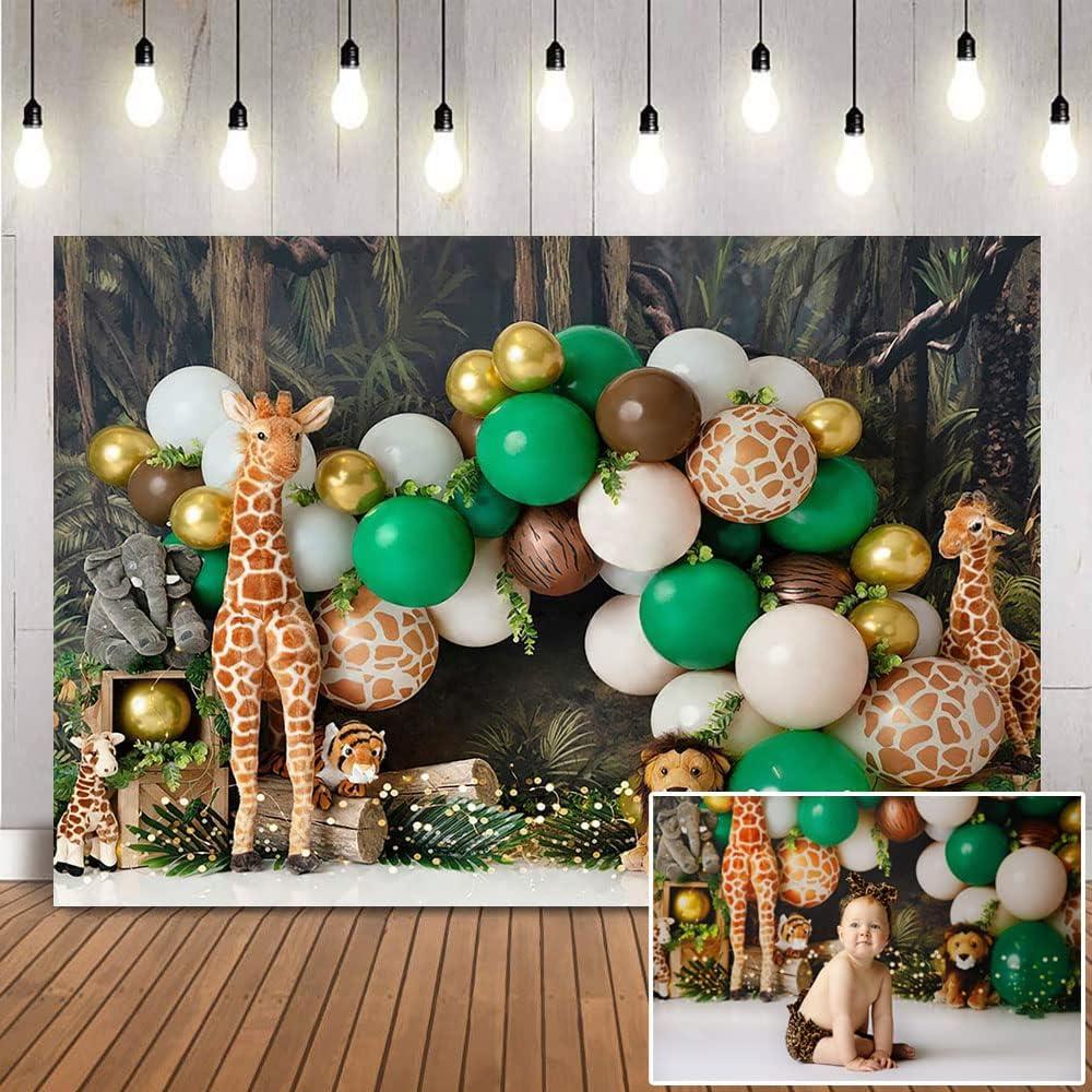 Jungle Kids Cake Smash Backdrops Safari Animals Balloons Baby Birthday Party Background Woodland Forest Portrait Photography Background Adventure Baby Photobooth Banner (7x5ft)