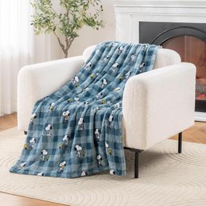 Berkshire Blanket Peanuts VelvetLoft Cute Character Snoopy Plush Throw Blanket,Peanuts Snoopy Everyday Buffalo Plaid Navy Tonal,Throw 55 in x 70 in (Official Peanuts Product)