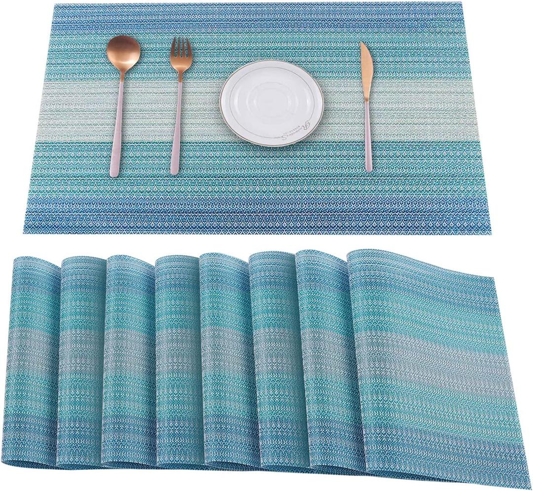 HeloHo Blue Placemats Set of 8,Vinyl Table Place Mats Stain Resistant Foldable Placemats Washable Wipeable Placemat for Kitchen Dining Table Decoration Indoor Outdoor.
