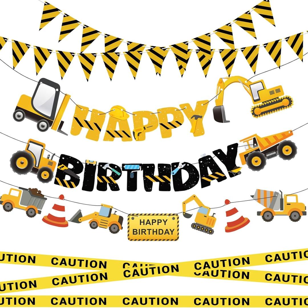 Construction Party Supplies Dump Truck Party Decorations Set with caution tape, construction pennant flags, Happy Birthday Banner, Vehicle Banner for Kids Birthday Party