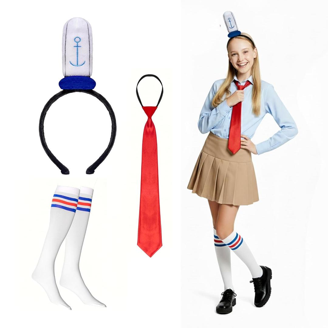 3Pcs Sailor Costume Accessories Set Include Headband with Anchor Cap, Neck Tie, Socks for Men Women Halloween Dress Up(blue set, average) (1 Count (Pack of 1))