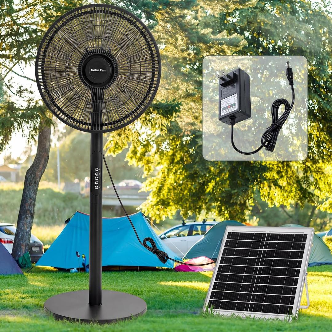 16 inch Solar Oscillating Standing Fan with Solar Panel, Portable Rechargeable Mobile Floor Fans, 14400mah Battery, Two Charging Methods, 4 Speeds, for Bedroom Study or Outdoor(Black)