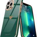 Teageo For iPhone 13 Pro Max Case for Women Girl Cute Love Heart Luxury Plating Soft Back Bling Cover Raised Camera Protection Bumper Silicone Shockproof Phone Case for iPhone 13 Pro Max,Darkish Green