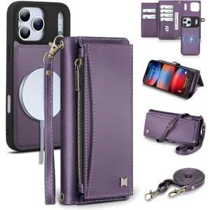 Wallet Case for iPhone 17 Pro Max with Card Holder/Crossbody Wallet/Strap,[RFID Blocking][Magnetic] PU Leather Phone Case for iPhone 17 Pro Max,6.9 in, Purple
