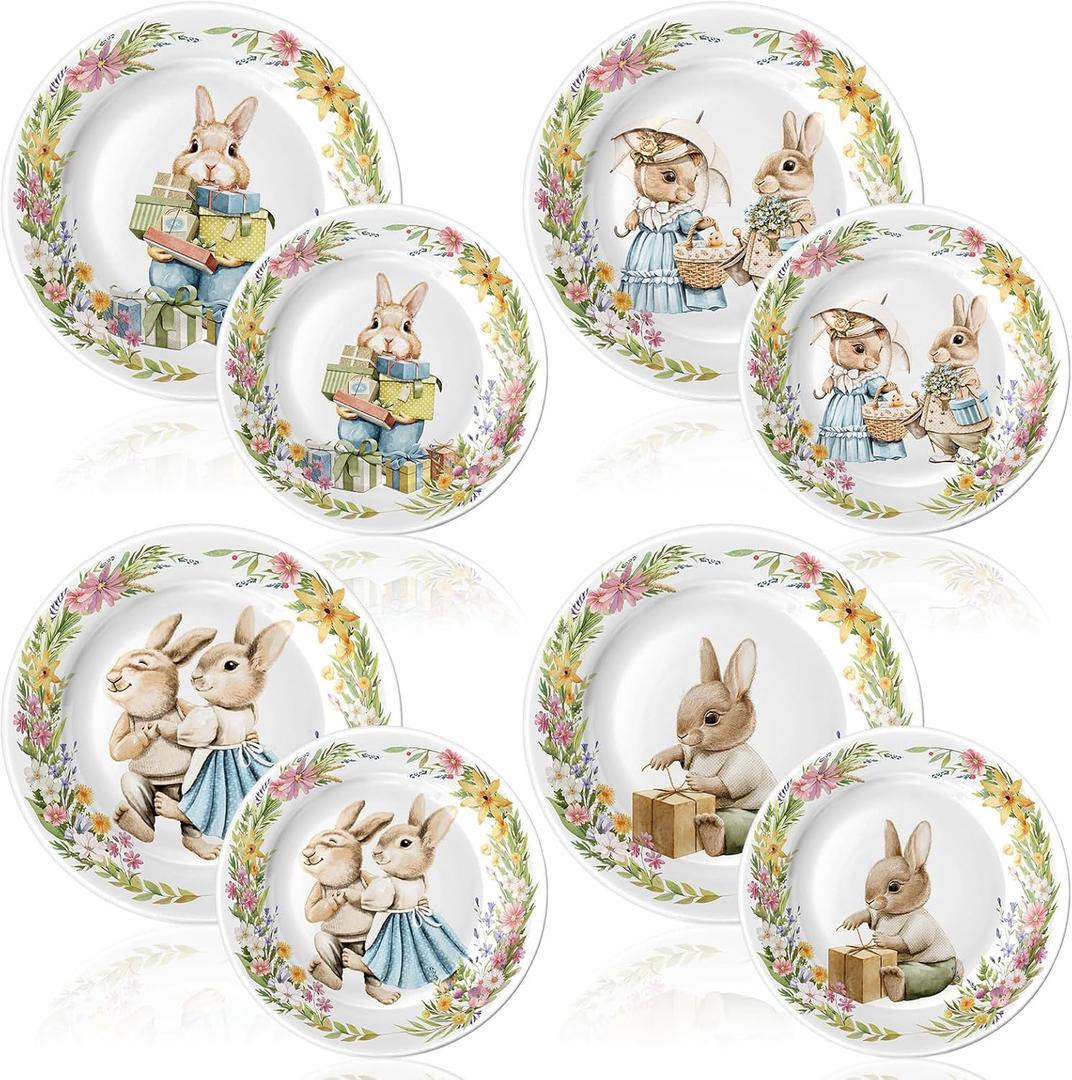 8 Pcs Easter Salad Plates Bunny Plates 8 Inch 10 Inch Easter Dishes Dinnerware Sets Ceramic-like Assorted Designs Spring Rabbit Plate for Dinner Salad Dessert Party Supplies (Cute)