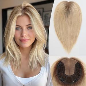 Hair Toppers for Women Real Human Hair 7"*7" Large Base ombre Light Blonde No Bangs 100% Real Human Hair Toppers for Women with ThinningHair Cover Gray Roots