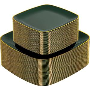 bUCLA 100PCS Green and Gold Plastic Plates - Heavy Duty Square Green Disposable - Include 50 Dinner & 50 Dessert Plates for Party & Christmas