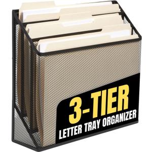 1InTheOffice 3 Tiers File Folder Organizer, Desk Sorter, Black Mesh Organizer