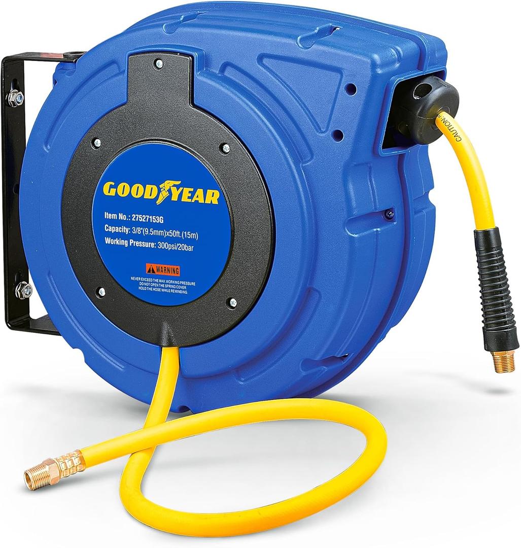Goodyear Air Hose Reel Retractable 3/8" Inch x 50' Foot Hybrid Polymer Hose Max 300PSI Commerical Polypropylene Construction