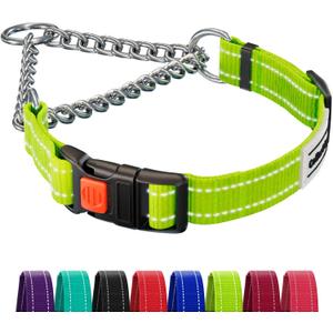 CollarDirect Martingale Dog Collar with Stainless Steel Chain and Quick Release Buckle - Reflective Collar for Large, Medium, Small Dogs - Lime Green, Medium (Neck Size 14"-17")