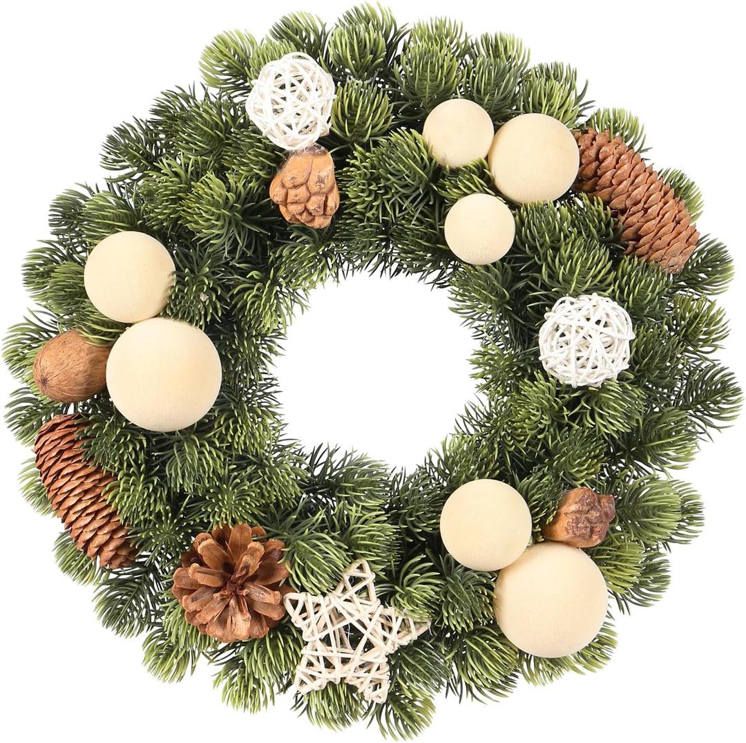 Small Christmas Wreath, 13Inch Artificial Beige Velvet Ball Pine Cone Mini Wreaths for Front Door Christmas Decorations, for Indoor Outdoor Home Hoilday Party Xmas Wall Decor.