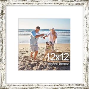 decorUhome 12x12 Picture Frame, Display Pictures 8x8 with Mat or 12x12 without Mat, Wall Mounting Photo Frame, Distressed White, 1 Pack