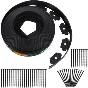 No Dig Durable Garden Landscape Edging Kit, 2" Tall Black Plastic Lawn Border for Landscaping, Flower Gardens, Lawn (100FT+ 120pcs Anchoring Spikes, Black) (Black)