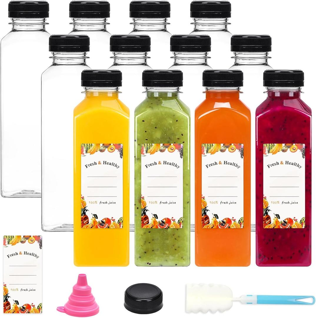 Moretoes 12pcs 16oz Plastic Juice Bottles with Caps, Reusable Juicing Bottles, Clear Empty Containers for Drinks, Smoothies and Other Beverages