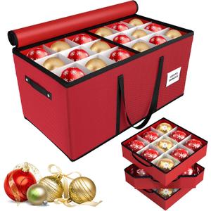 Tufmunb Christmas Ornament Storage Box, Stores 54-4" Large Ornaments with Individual Trays, Ornament Organizer Storage Box, Durable 600D Oxford Material, Extra Pockets, Dual Zipper - Red