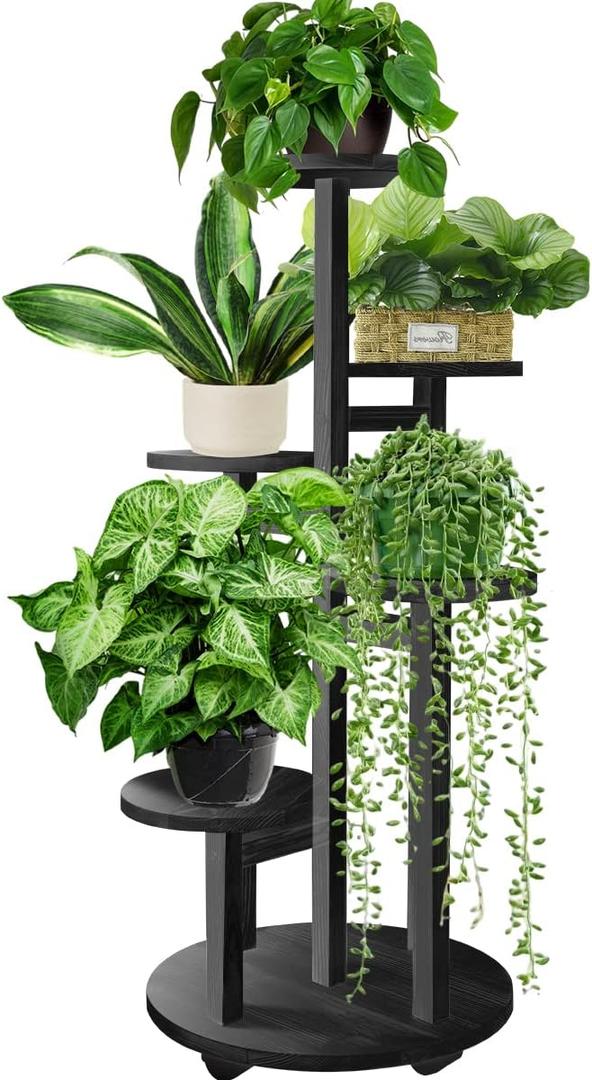 GEEBOBO 5 Tiered Tall Plant Stand for Indoor, Wood Plant Shelf Corner Display Rack, Multi-tier Planter Pot Holder Flower Stand for Living Room Balcony Garden Patio (Black)
