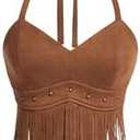 WDIRARA Women's Asymmetrical Fringe Hem Tie Backless Halter Vest Slim Fit Suede Vintage Crop Tank Tops, size extra small