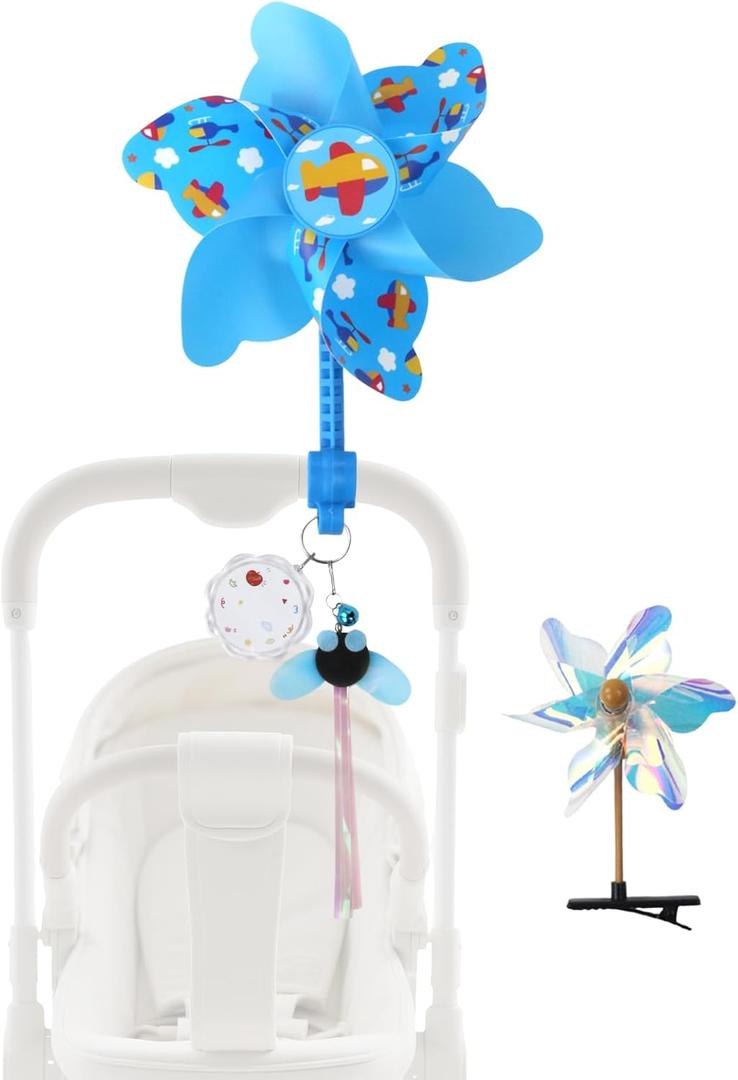 Spinning Windmill Stroller Identification Hanger, Easy-Clip Stroller Tag with Vibrant Ribbons and Name Tag, Instantly Spot Your Stroller in Crowded Parks, Airports, Shopping Malls (Blue Plane)