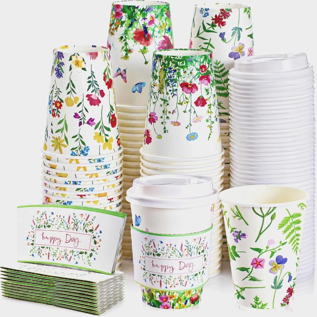 Remerry 48 Pcs 12oz Floral Disposable Coffee Cups with Lids and Sleeves Paper Insulated Drink Hot Coffee Paper Cups with Dome Lids and Sleeves for Party Wedding Birthday Baby Shower (Stylish)