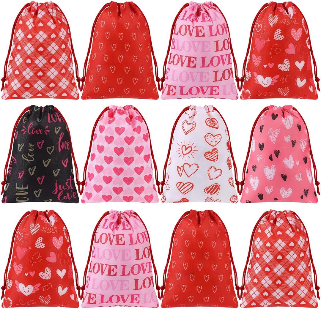 24Pcs Valentines Gift Bags Multicolor Heart Print Valentine Drawstring Gift Bags for Candy Snacks Bridal Shower, Anniversary, Wedding,Mother's Day Party Favors