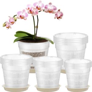 Zhehao 16 Pcs Orchid Pot 4. 5/5. 5/6/7. 5 Inch Clear Orchid Pots with Holes and Saucers Planter Pots Clear Plastic Flower Plant Pot for Garden Repotting Breathable Slotted Orchids Planter Flower